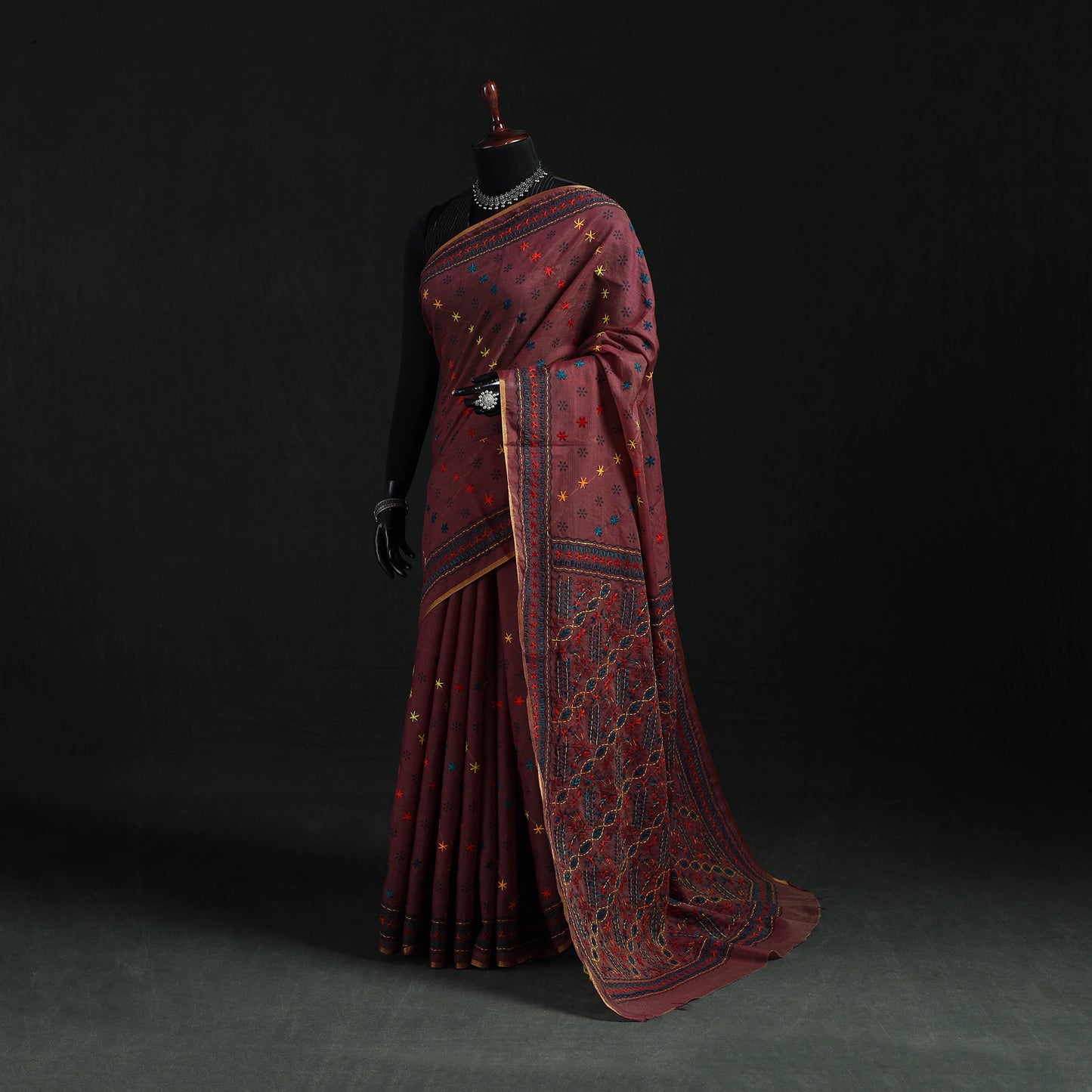 Maroon - Bengal Kantha Hand Embroidery Silk Cotton Chapa Work Saree 13