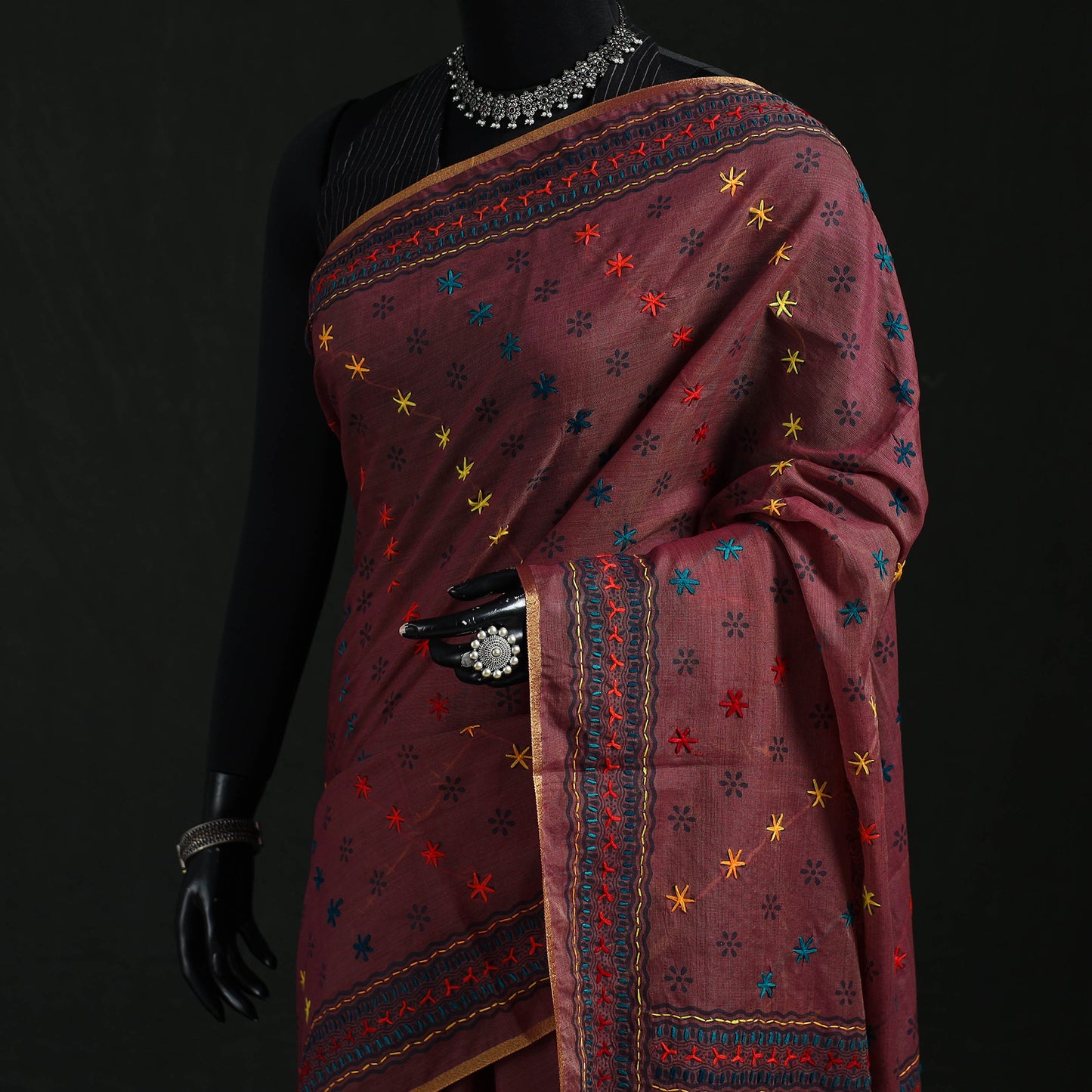Maroon - Bengal Kantha Hand Embroidery Silk Cotton Chapa Work Saree 13