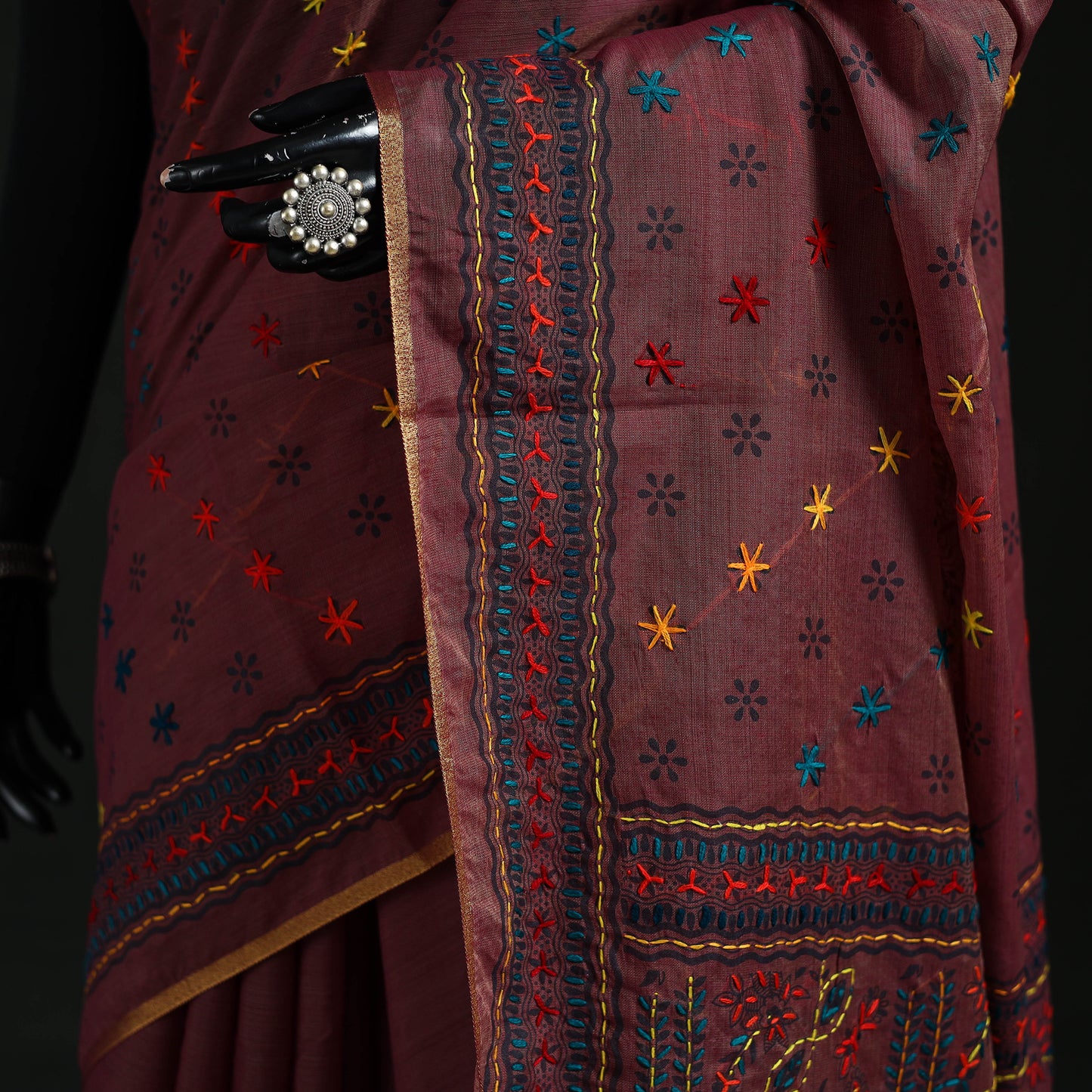 Maroon - Bengal Kantha Hand Embroidery Silk Cotton Chapa Work Saree 13