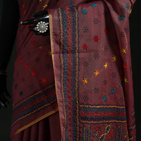 Maroon - Bengal Kantha Hand Embroidery Silk Cotton Chapa Work Saree 13