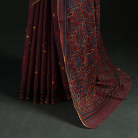 Maroon - Bengal Kantha Hand Embroidery Silk Cotton Chapa Work Saree 13