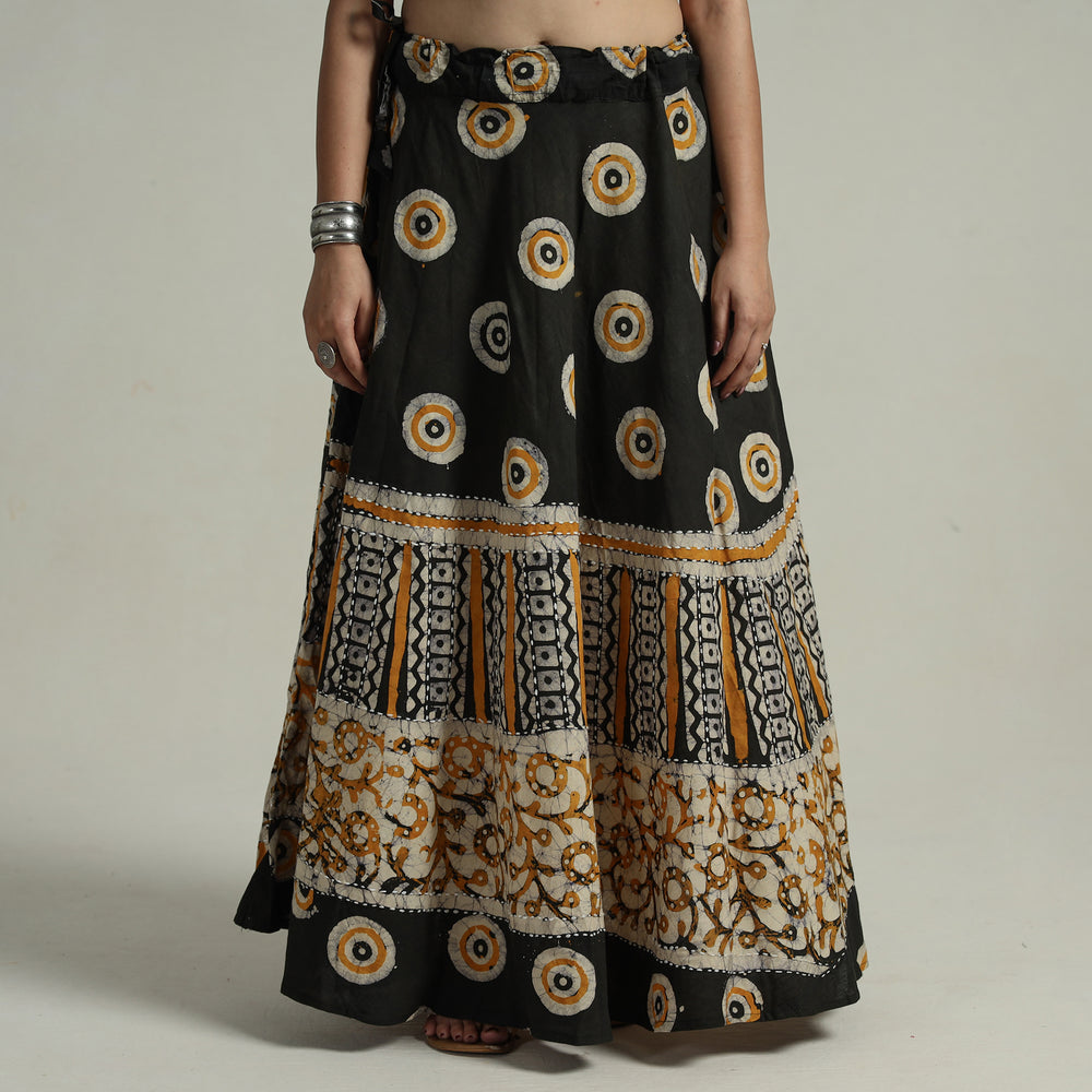 Black - Hand Batik Printed Running Stitch Cotton Long Skirt 84