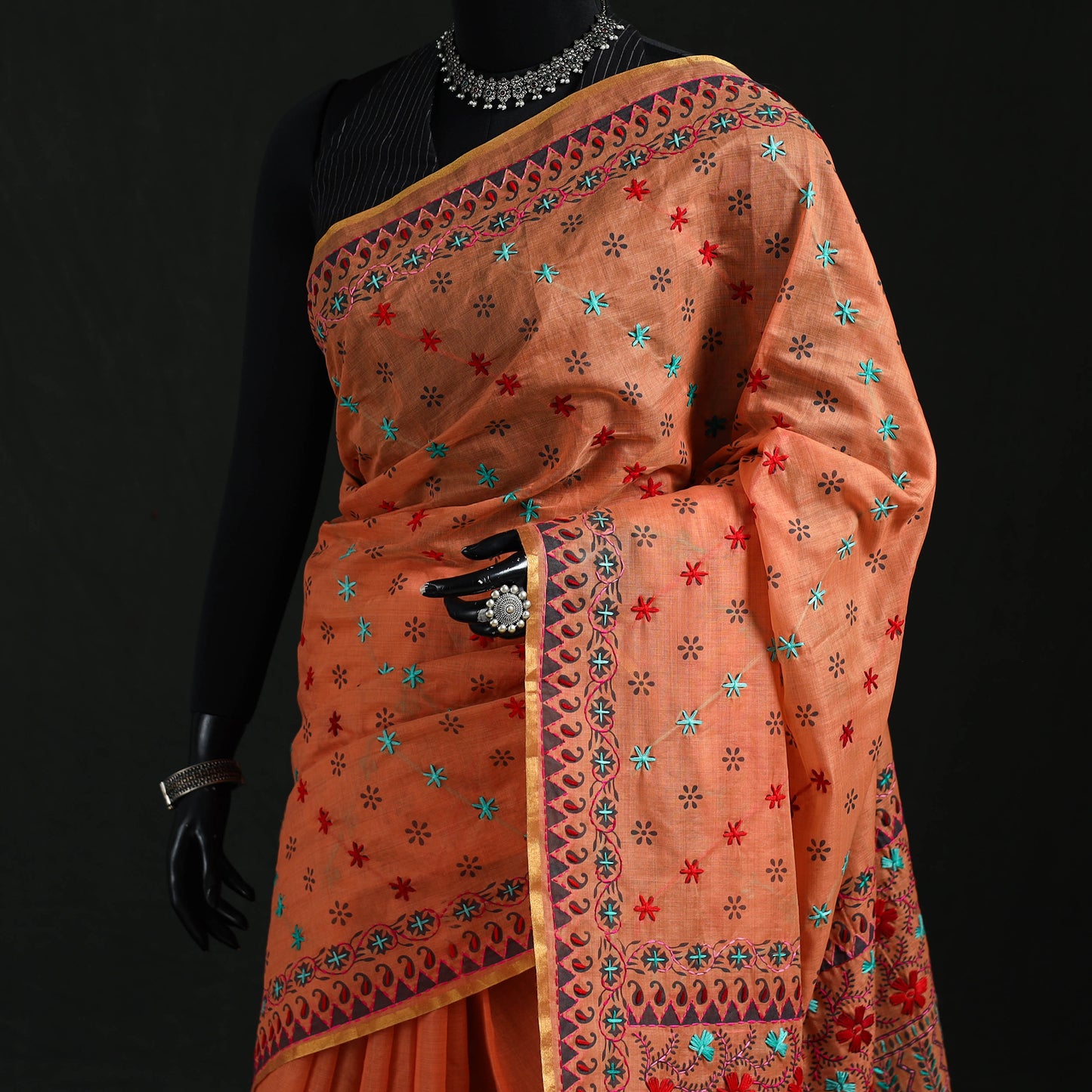 Orange - Bengal Kantha Hand Embroidery Silk Cotton Chapa Work Saree 12