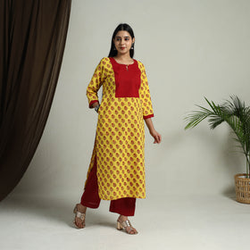 Yellow Block Print Handwoven Cotton Straight Mangalagiri Kurta