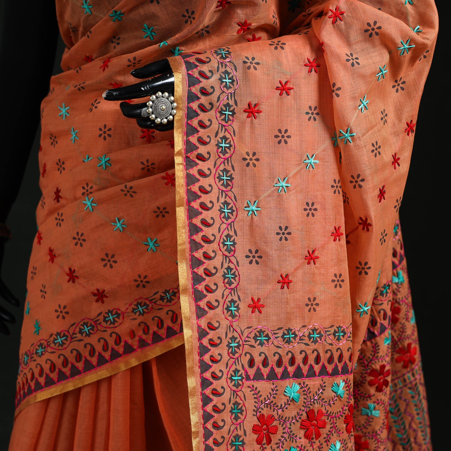Orange - Bengal Kantha Hand Embroidery Silk Cotton Chapa Work Saree 12