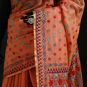 Orange - Bengal Kantha Hand Embroidery Silk Cotton Chapa Work Saree 12