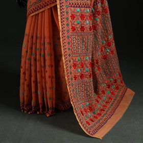 Orange - Bengal Kantha Hand Embroidery Silk Cotton Chapa Work Saree 12