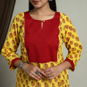 Yellow Block Print Handwoven Cotton Straight Mangalagiri Kurta