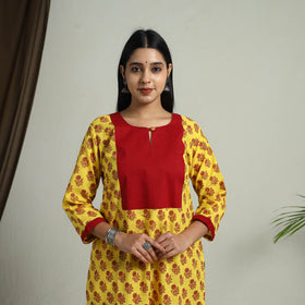 Yellow Block Print Handwoven Cotton Straight Mangalagiri Kurta
