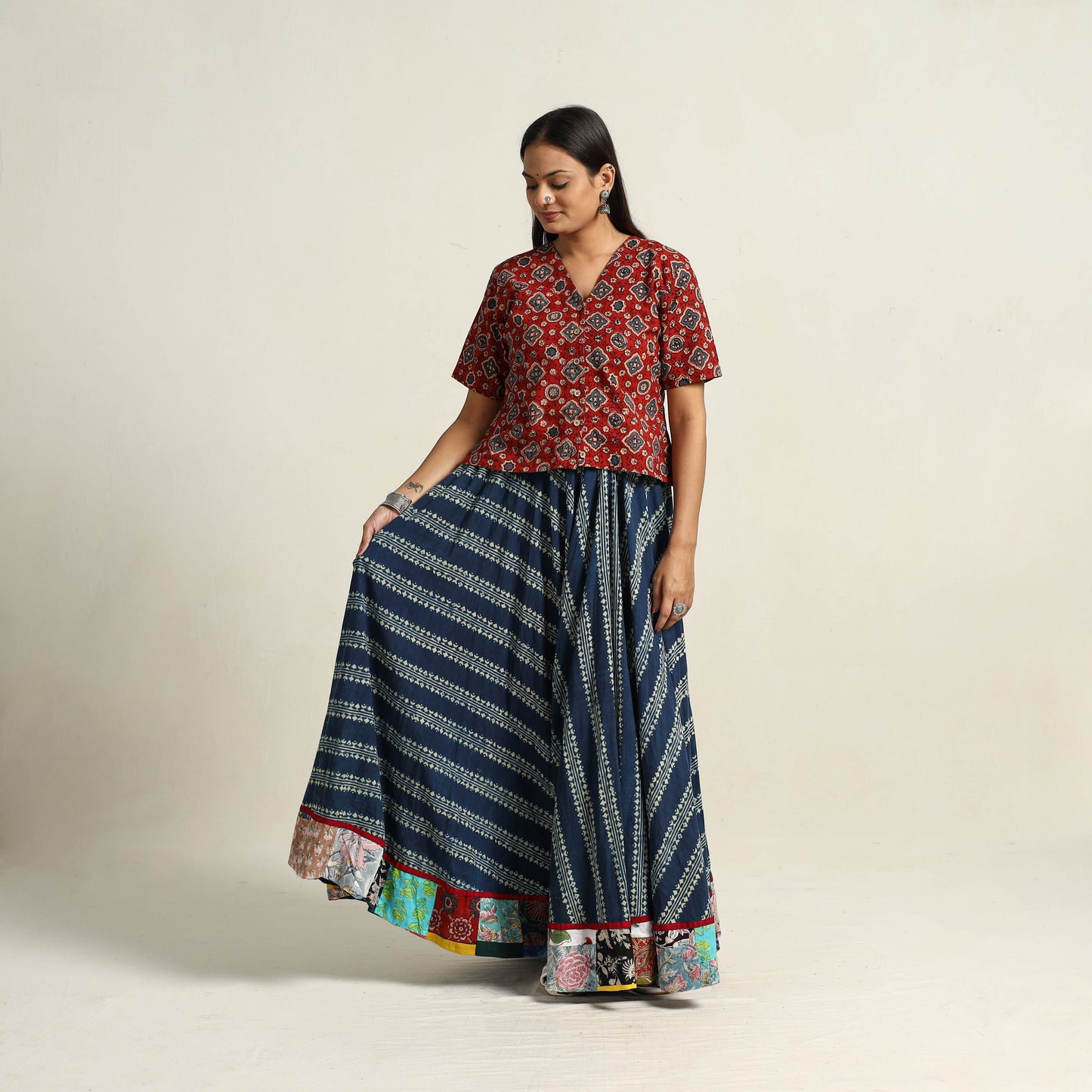 Blue - Hand Block Printed Cotton Long Ajrakh Skirt 09