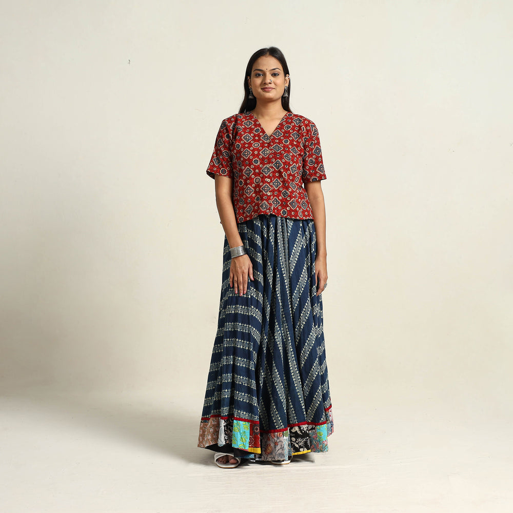 Blue - Hand Block Printed Cotton Long Ajrakh Skirt 09