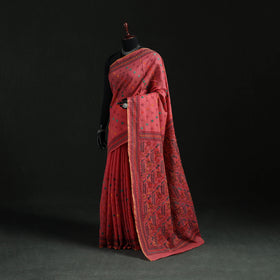 Pink - Bengal Kantha Hand Embroidery Silk Cotton Chapa Work Saree 11