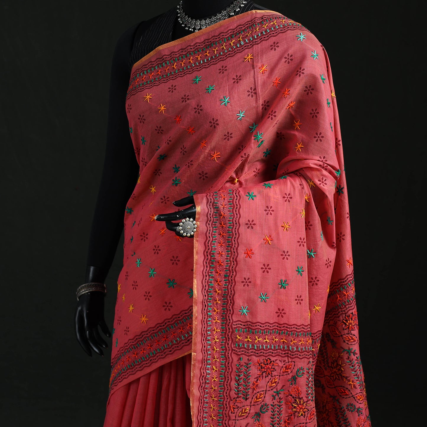 Pink - Bengal Kantha Hand Embroidery Silk Cotton Chapa Work Saree 11