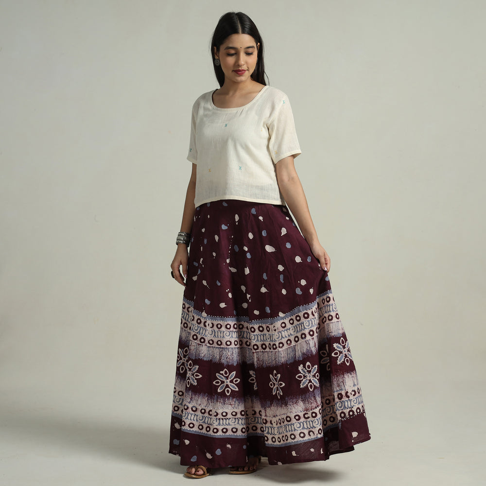 Purple - Hand Batik Printed Running Stitch Cotton Long Skirt 86