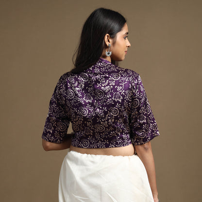 Dark Purple - Hand Block Printed Mashru Silk Stitched Blouse