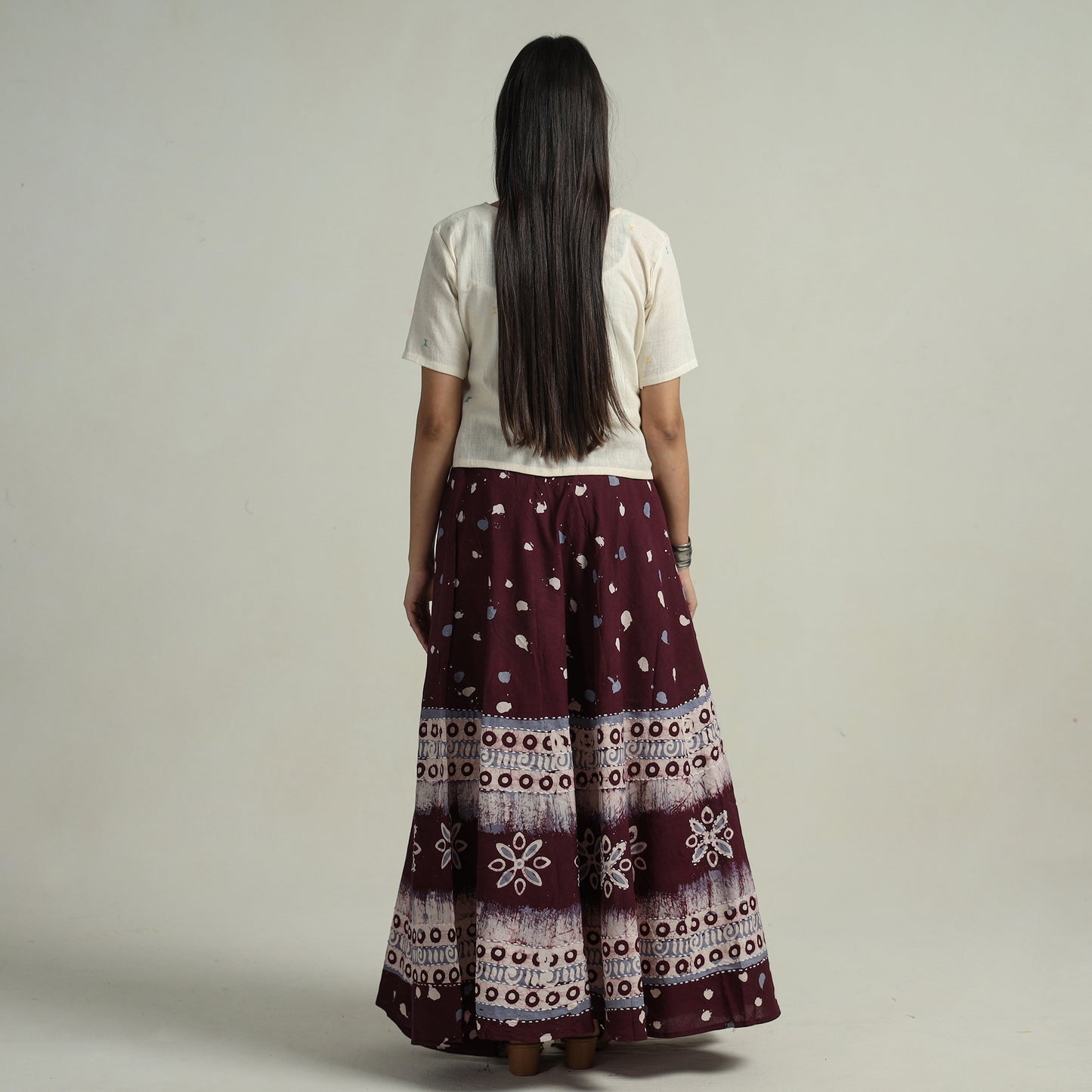 Purple - Hand Batik Printed Running Stitch Cotton Long Skirt 86