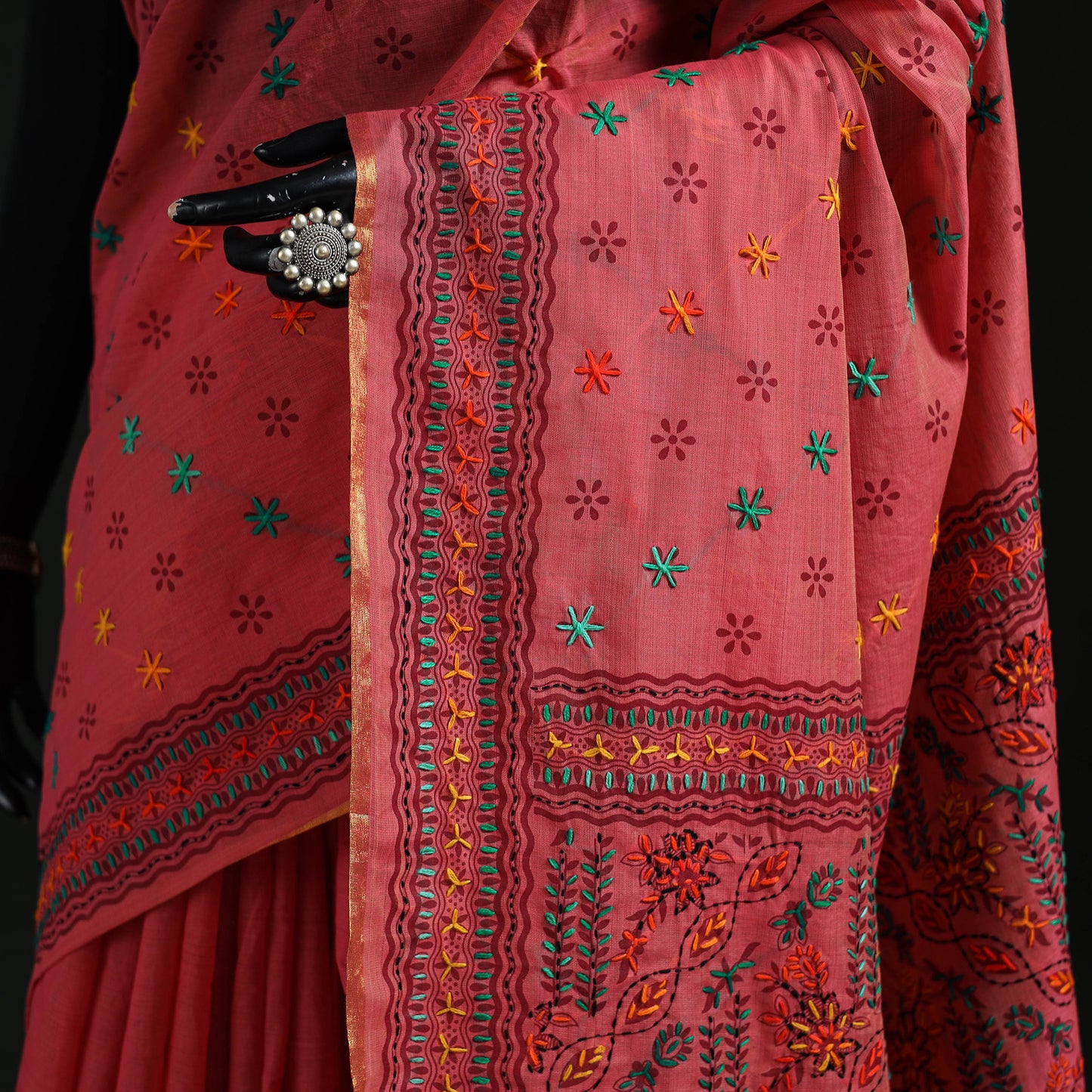 Pink - Bengal Kantha Hand Embroidery Silk Cotton Chapa Work Saree 11