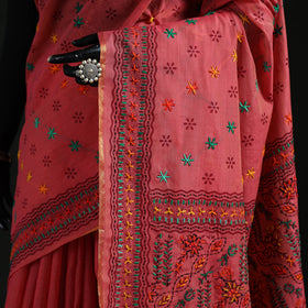 Pink - Bengal Kantha Hand Embroidery Silk Cotton Chapa Work Saree 11