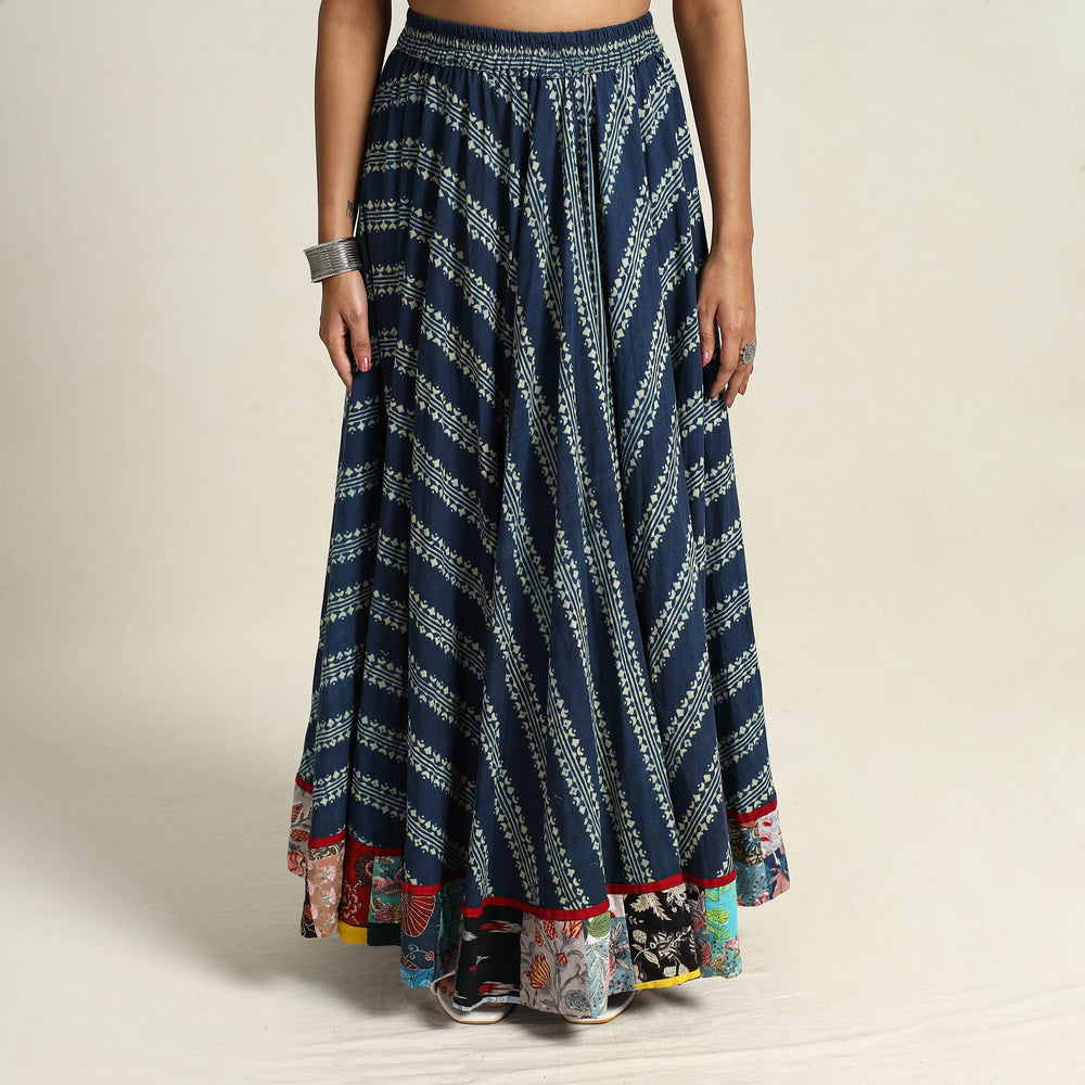 Blue - Hand Block Printed Cotton Long Ajrakh Skirt 09