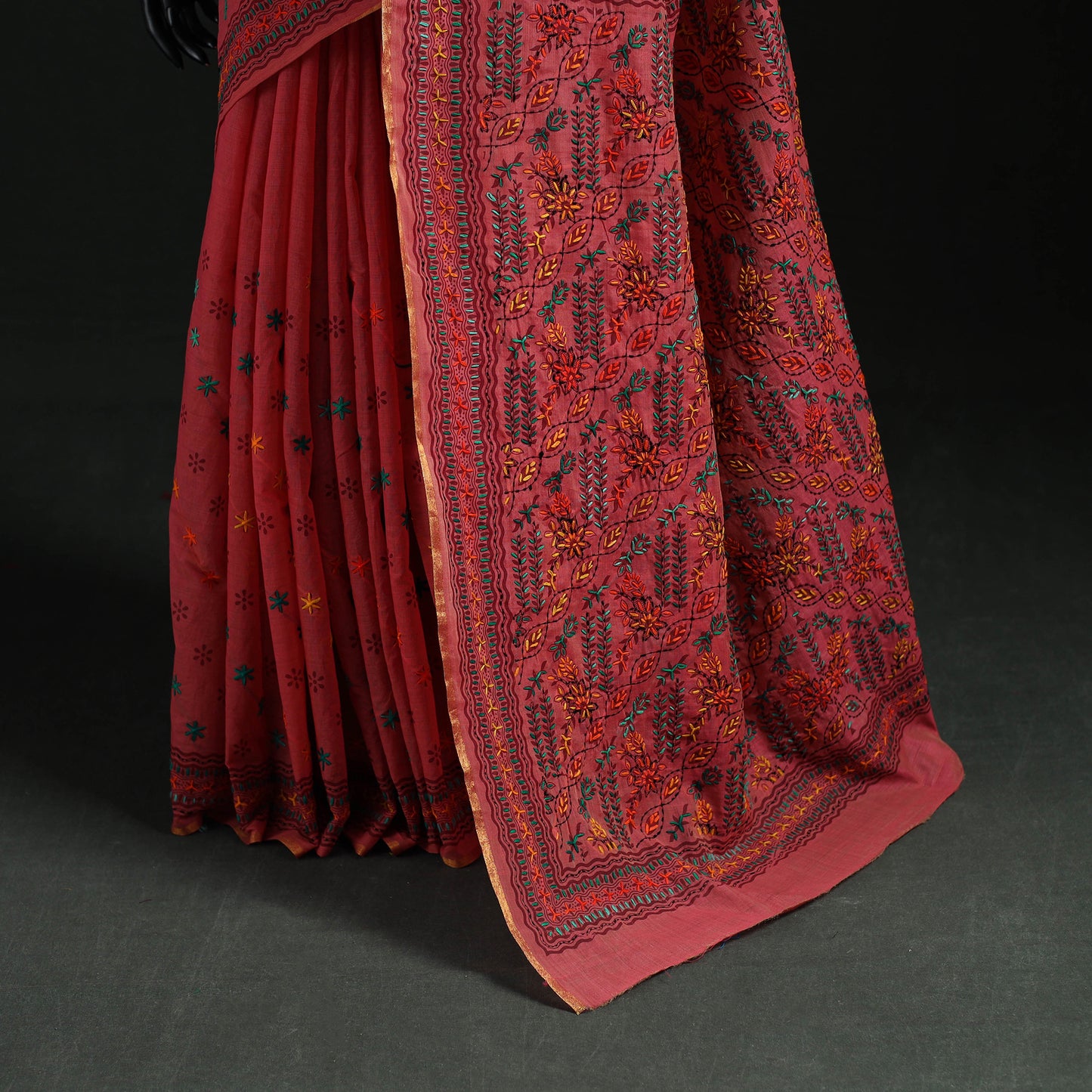 Pink - Bengal Kantha Hand Embroidery Silk Cotton Chapa Work Saree 11