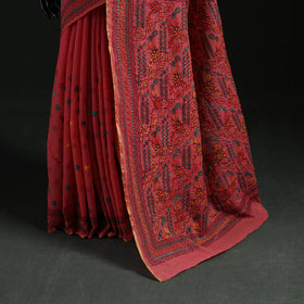 Pink - Bengal Kantha Hand Embroidery Silk Cotton Chapa Work Saree 11