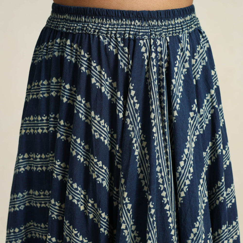 Blue - Hand Block Printed Cotton Long Ajrakh Skirt 09