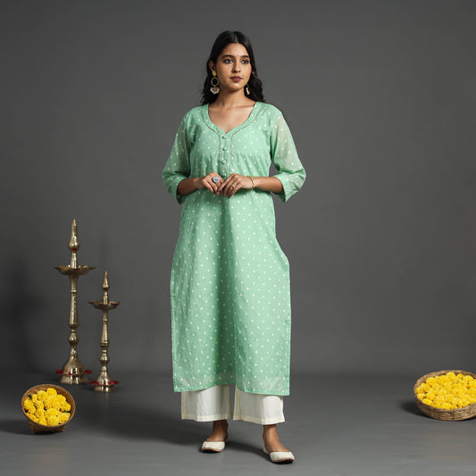 Light Green - Banarasi Handwoven Cutwork Cotton Kurta