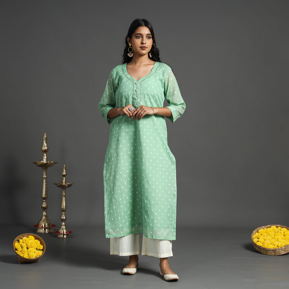 Light Green - Handwoven Cutwork Cotton Banarasi Kurta 10