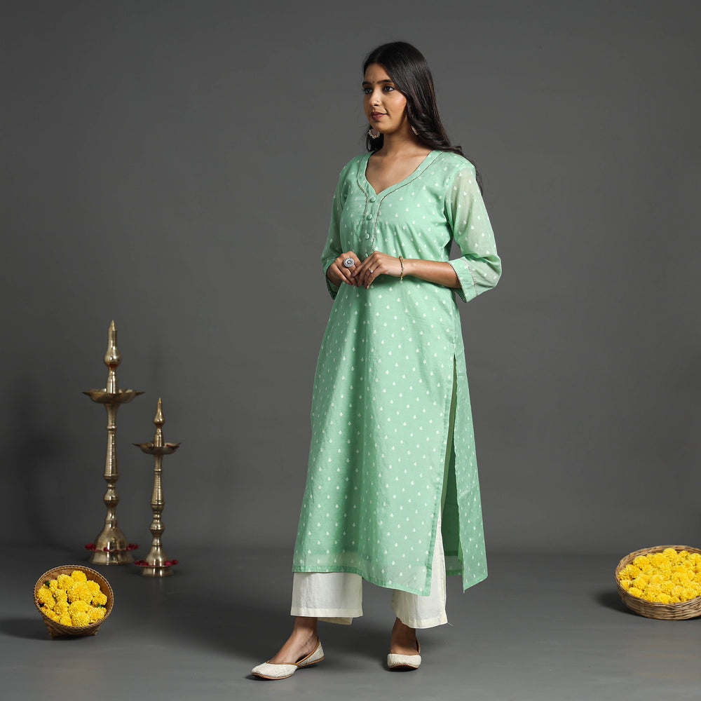 Light Green - Handwoven Cutwork Cotton Banarasi Kurta 10