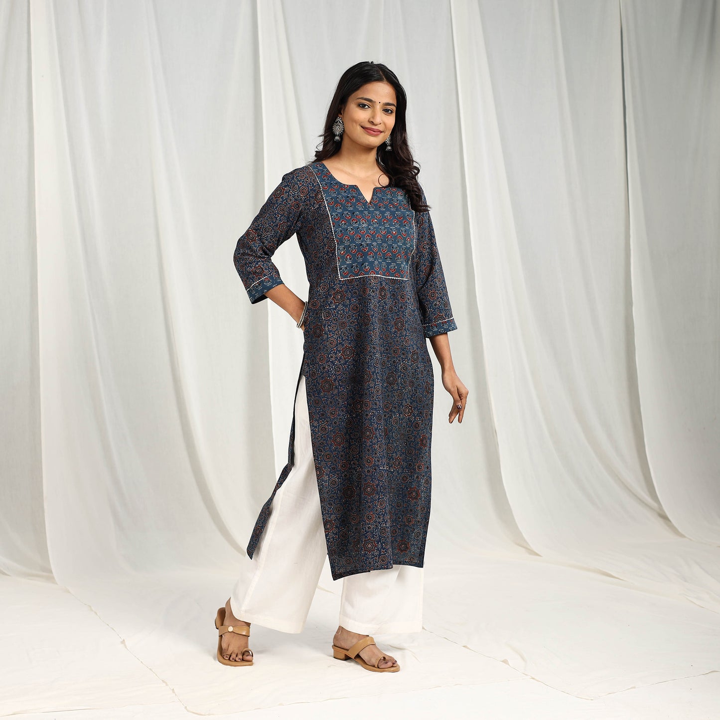 Blue - Block Printed Cotton Straight Ajrakh Kurta 05