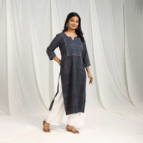 Block Printed Cotton Straight Blue Ajrakh Kurta for Women