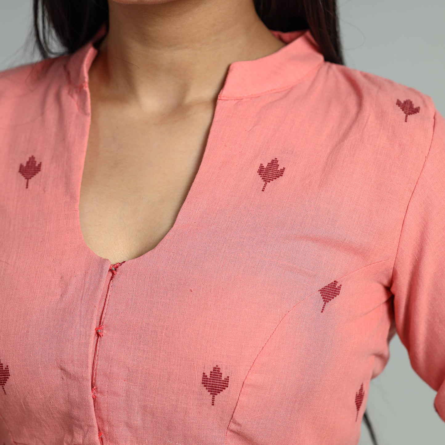 Pink - Jacquard Weave Cotton Stitched Blouse 01