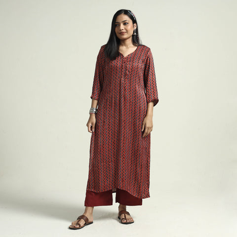 Maroon - Ajrakh Block Printed Modal Silk Kurta with Palazzo Set