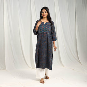 Block Printed Cotton Straight Blue Ajrakh Kurta for Women
