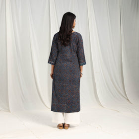 Block Printed Cotton Straight Blue Ajrakh Kurta for Women
