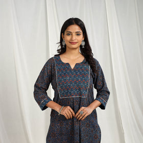Block Printed Cotton Straight Blue Ajrakh Kurta for Women