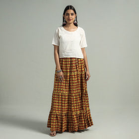 Yellow Sanganeri Block Printed Tiered Cotton Long Skirt