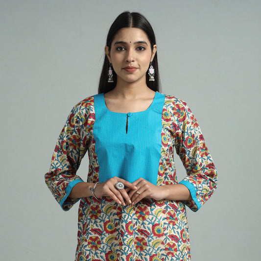 Multicolor - Sanganeri Block Printed Cotton Straight Kurta with Kantha Patchwork