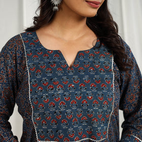 Block Printed Cotton Straight Blue Ajrakh Kurta for Women