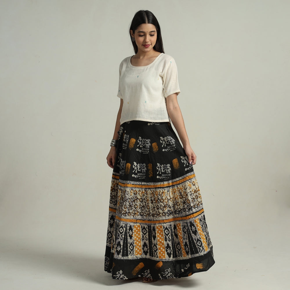 Black - Hand Batik Printed Running Stitch Cotton Long Skirt 88