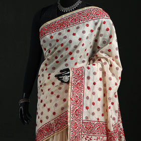 White - Bengal Kantha Hand Embroidery Silk Cotton Chapa Work Saree 18