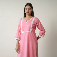 Rosie Pink Linen Cotton Plain Kurta with Lace Work