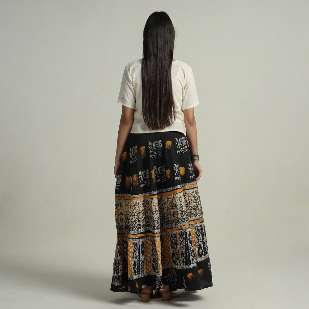 Black - Hand Batik Printed Running Stitch Cotton Long Skirt 88