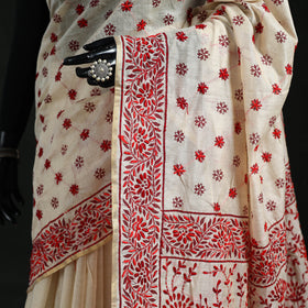 White - Bengal Kantha Hand Embroidery Silk Cotton Chapa Work Saree 18