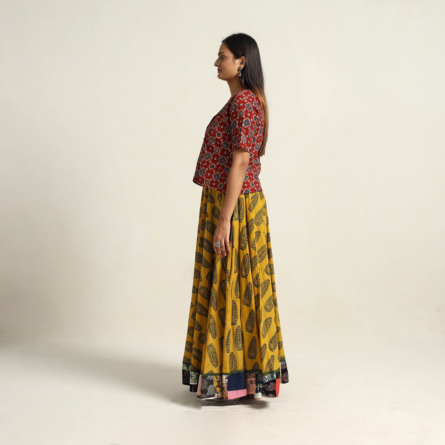 Yellow - Hand Block Printed Cotton Long Ajrakh Skirt 11