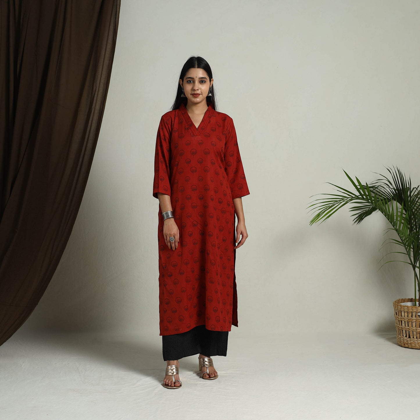 Red Block Print Handwoven Cotton Straight Mangalagiri Kurta