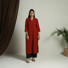 Red Block Print Handwoven Cotton Straight Mangalagiri Kurta