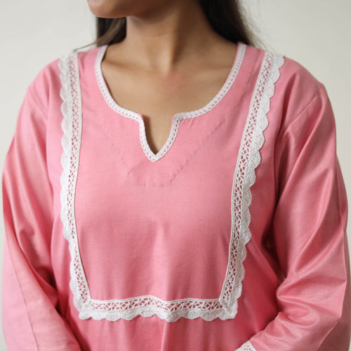 Rosie Pink Linen Cotton Plain Kurta with Lace Work