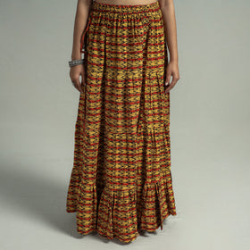 Yellow Sanganeri Block Printed Tiered Cotton Long Skirt
