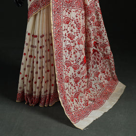 White - Bengal Kantha Hand Embroidery Silk Cotton Chapa Work Saree 18